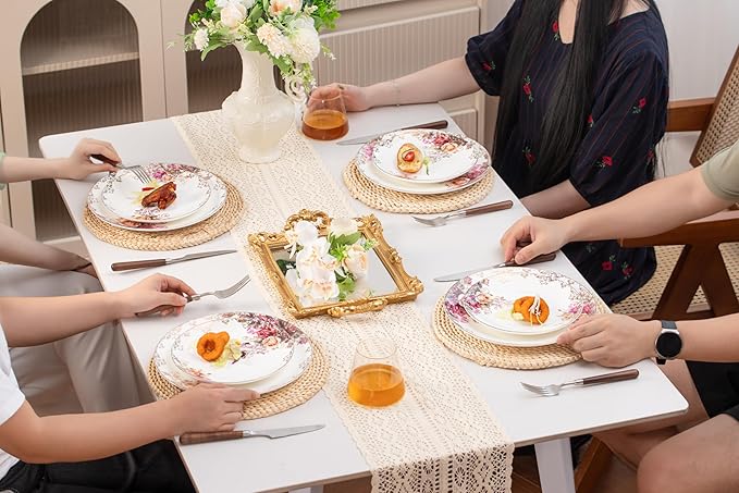 Dinnerware Sets, Plates Set, with Bowls, Artistic 12-Piece Ceramic Dinnerware, for Home Restaurant, Chip and Scratch Resistant, Microwave and Dishwasher Safe, Rose Collection