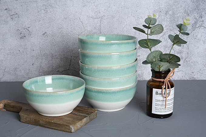 Bosmarlin Small Ceramic Dessert Bowls, 16 Oz, Set of 6, Dishwasher and Microwave Safe, For Cereal, Ice Cream, Soup, Salad, Rice (Turquoise Green, 16 Oz)