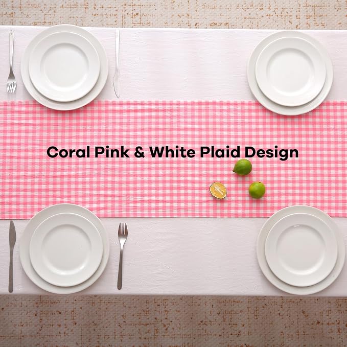 Coral Pink White Plaid Gingham Ruffle Table Runner 72 inches Long 100% Washed - Image 4