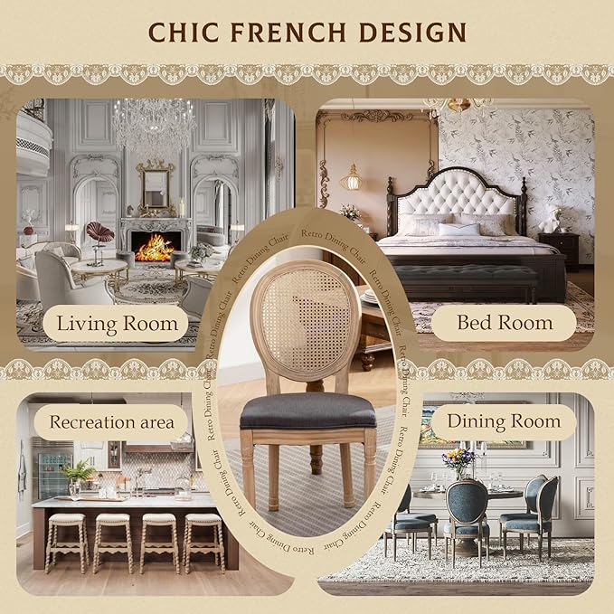 SoarFlash French Dining Chairs Set of 4, Vantage Dining Chair with Round Back, Farmhouse Country Rattan Dining Chair for Kitchen,Bedroom,Deep Grey