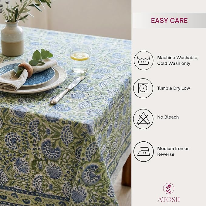 ATOSII Amara 100% Cotton Rectangle Fall Tablecloth, Handblock Floral Linen Table Cloth for Kitchen Dining Table I Parties Weddings Christmas I Fall Home Decor 60 X 108 Inches I 8 Seater