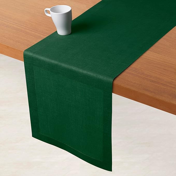 D'Moksha Homes Linen Forest Green Table Runner 84 Inches Long - 100% Pure Linen 14 x 84 Inch Table Runner for Dining, St Patricks Day, Easter - Machine Washable