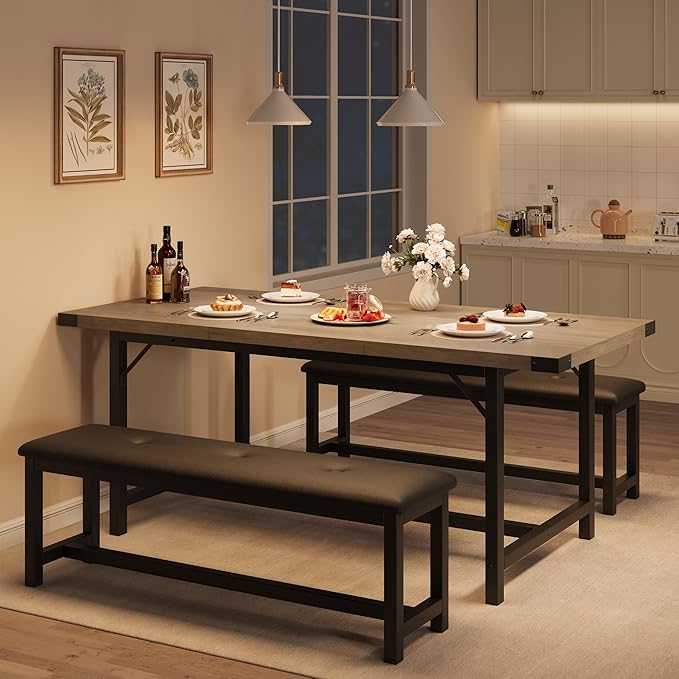 IDEALHOUSE 3-Piece Dining Table Set for 4-6 People, 63" Large Extendable Kitchen Table Set w 2 Soft Benches, Easy Assembly, Space Saving for Apartment, Small Space, Gray
