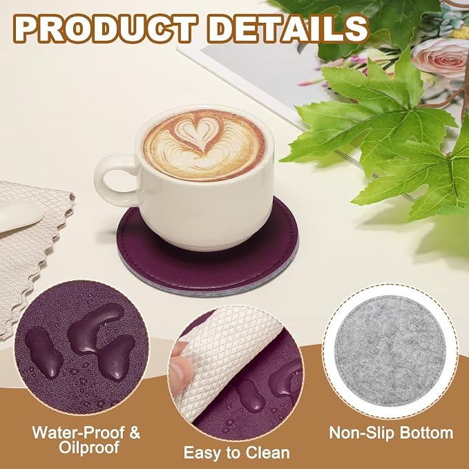 uxcell 5Pcs PU Leather Coasters, Wine Red - Image 3