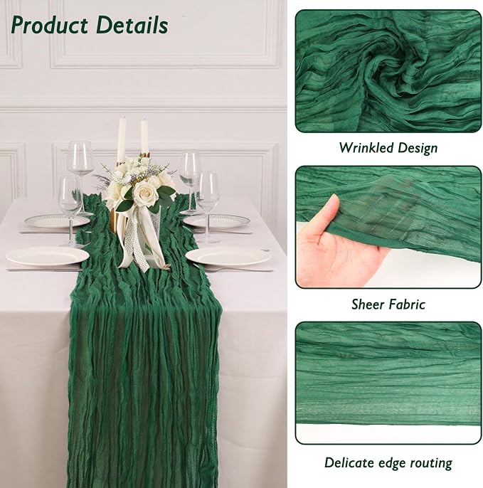 12 Pack Emerald Green Cheesecloth Table Runner 120 Inch Boho Wedding Decor | - Image 3