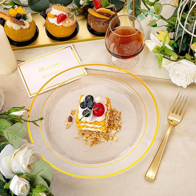 I00000 60PCS Clear Gold Plastic Plates, Clear Plates With Gold Rim 10 Inch,Fancy Disposable Wedding Plate Heavy Duty Plastic Plate for Birthday, Wedding & Party