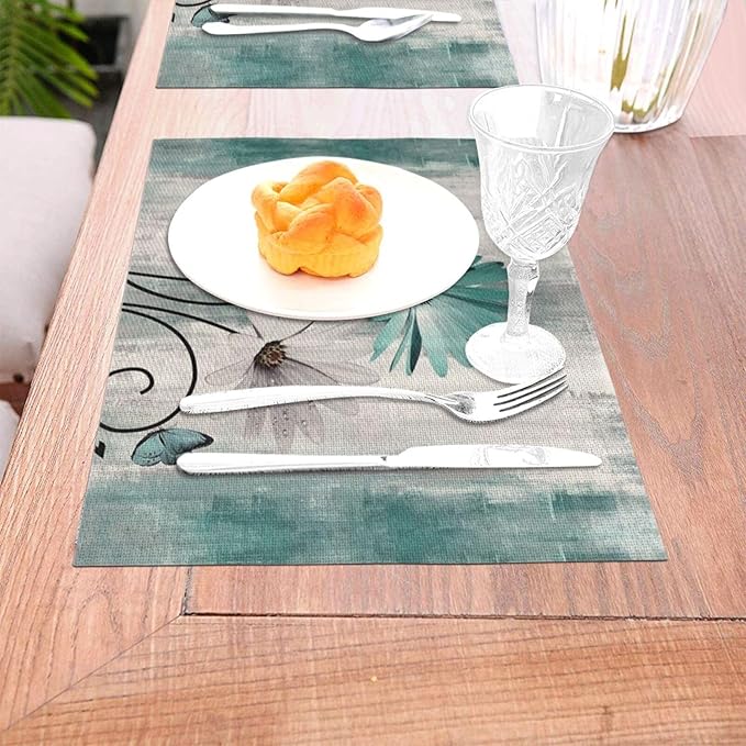 Floral Placemats Set of 4, 12x18 Inch Teal Blue Daisy Flower Table Mats Rectangle Vintage Flowers Holiday Decorative Table Placemats for Party Home Kitchen Dining Table Decoration