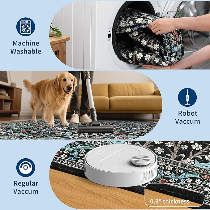 GarveeHome Floral Area Rugs 5x7, Washable Rug for Living Room, Bedroom, Low Pile Non Slip Stain Resistance Indoor Boho Carpet Mat for Farmhouse, Dining Room, Office, Black