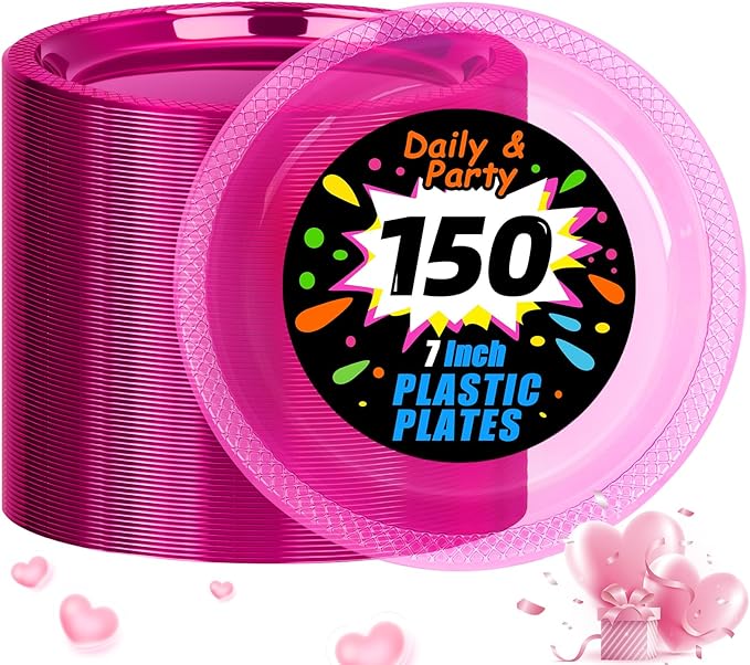 WELLIFE Neon Pink Party Plates 7 Inch -150 Count, Translucent Pink Plastic Disposable Dessert Plates for Fluorescent Neon Theme Party Salad Appetizers Valentine's Day Easter Baby Shower Mother's Day