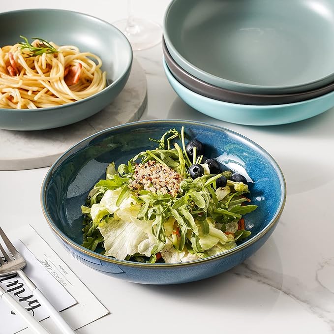 Selamica Ceramic 8 inch Pasta Bowls, 26 Ounce Large Serving Bowl Porcelain Salad Bowls, Dishwasher Microwave Safe, Set of 6(Ceylon Blue)