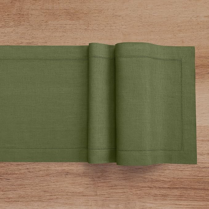 Solino Home 100% Pure Linen Dining Table Runner Olive Hemstitch, 14 x 90 in | - Image 3