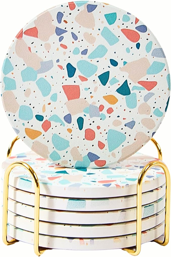 Terrazzo Coasters Set of 6, Ceramic Absorbent Drink Coasters, Cute Moisture Absorbing Coaster, Coffee Table Desk Decor, Colorful Stone Coaster for Drinks (Pastel)