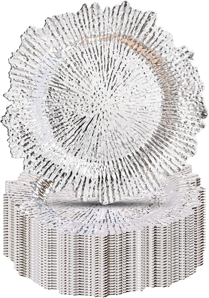 LOYALHEARTDY 24 Pack 13 Inch Silver Charger Plates, Plastic Reef Textured Rim Round Decorative Underplates for Wedding, Party, Dinner Table