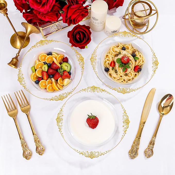 100PCS Clear Gold Plastic Bowls - 12 oz Clear Disposable Salad Bowls - Heavy Duty Disposable Soup Bowl - Fancy Plastic Ice Cream Bowl for Weddings, Parties, Dinners, Picnics,