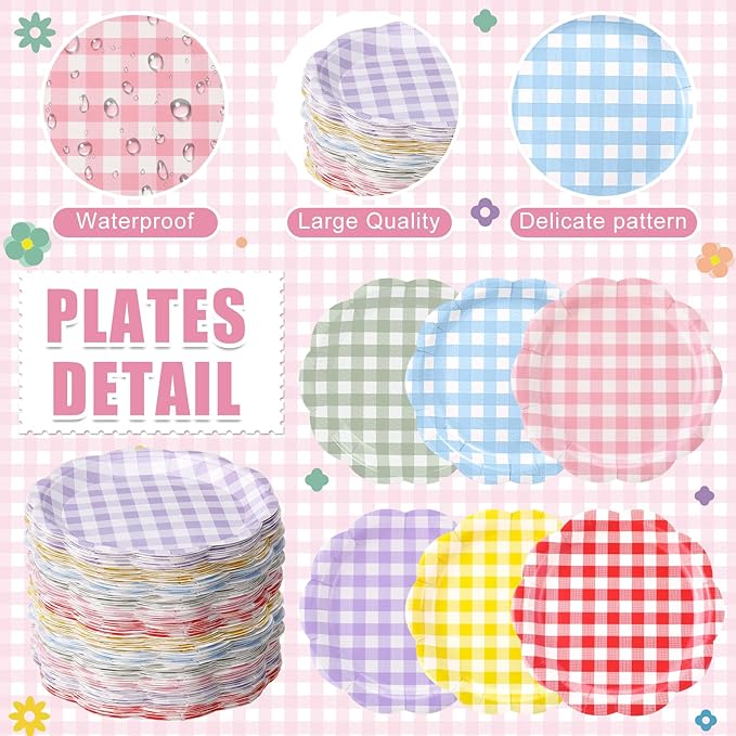 Umigy 120 Pcs Gingham Party Plates 7 Inch Colorful Paper Plates, Spring Gingham Disposable Decorative Tableware for Birthday Wedding Baby Shower Tea Party Bridal Shower