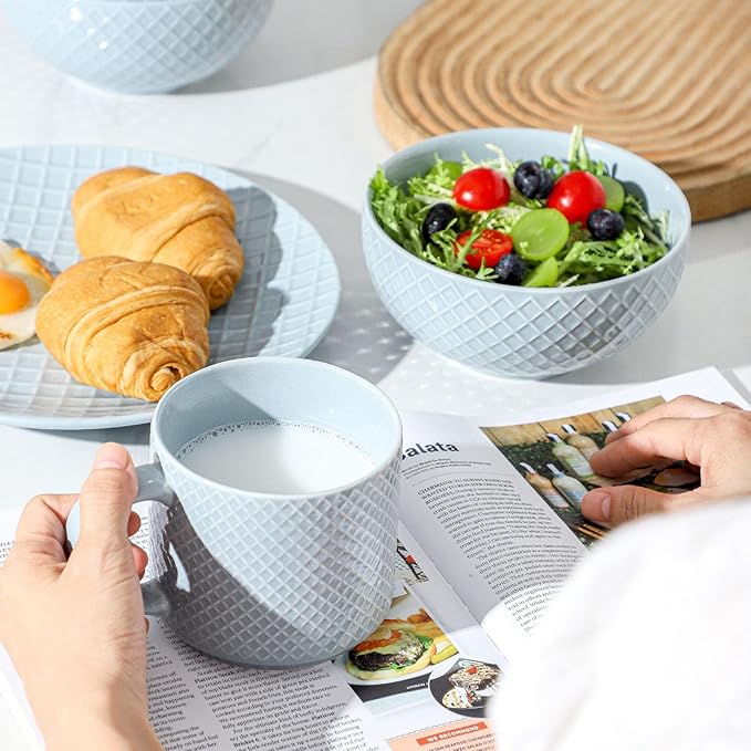HASENSE Soup Bowls 26 OZ, Ceramic Bowls Set of 4 for Kitchen, Stoneware Porcelain Cereal Bowls for Soup, Cereal, Oatmeal, Fruit, Salad, Noodle and Rice, Microwave Dishwasher Safe,Blue