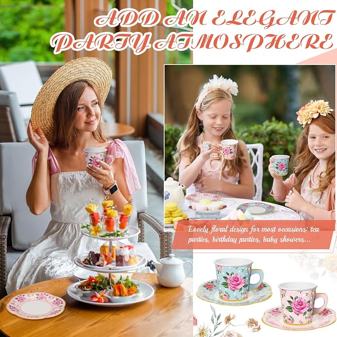 Umigy 60 Sets Floral Tea Party Decorations 6.5 oz Floral Paper Teacups & Saucer - Image 5