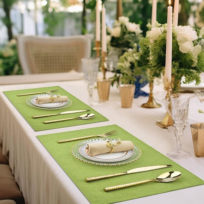 SLKQG Green Linen-Look Placemats Set of 8, Heat Resistant & Machine Washable Double-Layered Cloth Placemats for Dining Table, Indoor/Outdoor Use, Non-Slip Kitchen Table Mats (8, Green)
