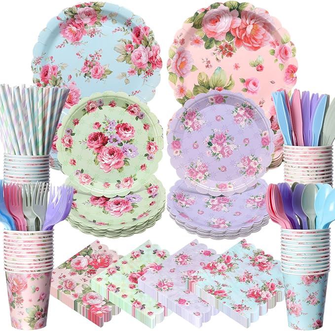 450 Pcs Vintage Floral Tableware Set Decorations, Serves 50 | Tea Party Floral by Unknown