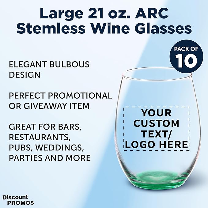 DISCOUNT PROMOS 10 ARC Stemless Wine Glasses Set, 21 oz. - Customizable Text, Logo - Chardonnay, Cabernet, Merlot, Sauvignon - Green