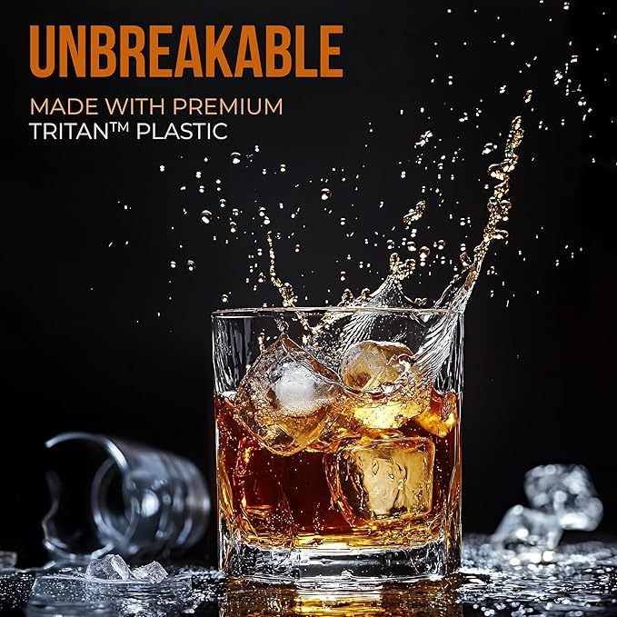 Unbreakable Tritan Plastic Whiskey Glasses | Shatterproof Double Rocks | Dishwasher-Safe | BPA-free | Perfect for Cocktail Bourbon | 12.5 oz, Set of 8