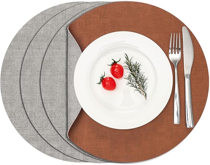 Myir JUN Reversible Vinyl Round Placemats Set of 4, Faux Leather Place Mats Dual Sided Waterproof Wipeable, Heat-Resistant Table Mats for Kitchen Dining Indoor Outdoor (14", Light Gray Reddish Brown)