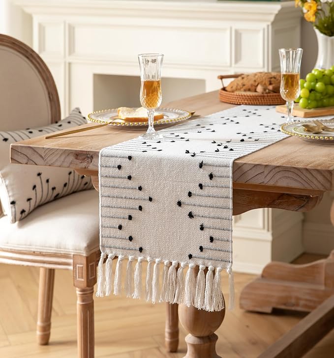 Boho Table Runner 13 x 48 Inch Long Natural Cotton Woven Runner - Image 3