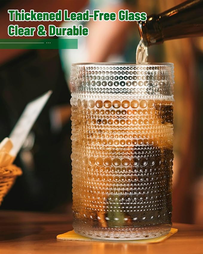 Vintage Hobnail Drinking Glasses Set of 4 – 13 oz Clear Highball Glass Cups – Embossed Textured Glassware with Anti-Slip Grip for Water, Juice, Cocktails – Thick Glass, Dishwasher Safe