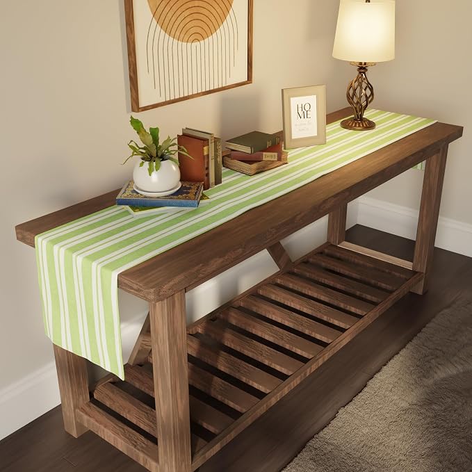 Encasa XO Table Runner, Woven Cotton Dining Runner 13"x120" Franca Lime Stripes - Image 2