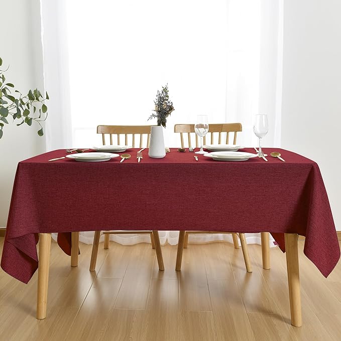 JIUZHEN Red Faux Linen Farmhouse Tablecloth Rectangular, Wrinkle Stain Resistant Table Cloth Rectangle Tablecloth Table Cover for Kitchen Dining, 54 x 108 Inch