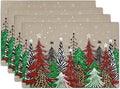 Watercolor Xmas Tree Placemats for Dining Table Set of 4, 12 x 18 Inch Winter Snowflake Heat Resistant Xmas Linen Dining Table Mats for Home Kitchen Tabletop Decoration