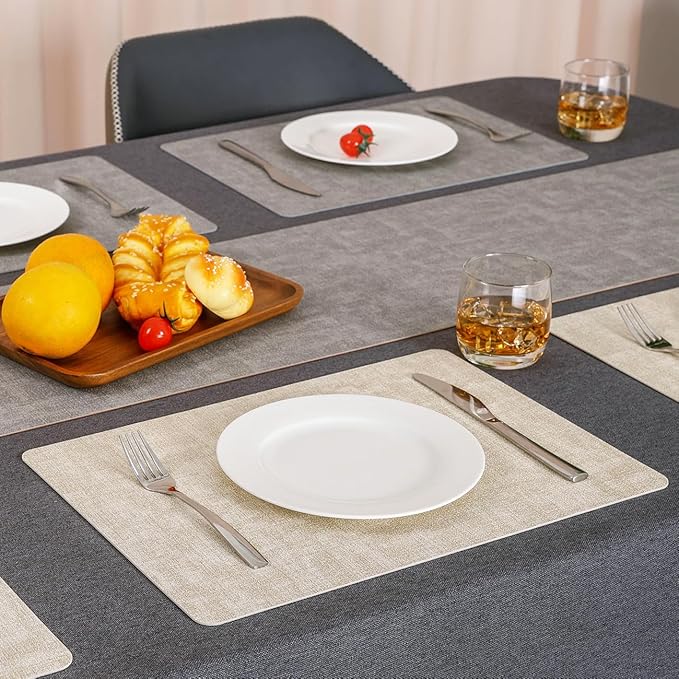Myir JUN Reversible Vinyl Placemats Set of 6, Faux Leather Place Mats Dual Sided Waterproof Wipeable, Heat-Resistant Table Mats for Kitchen Dining Indoor Outdoor (12" x 17", Light Gray Cream-White)