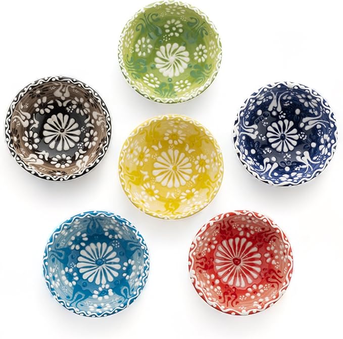 Ceramic Small Dipping Bowls Set of 6, 3.5 Oz Soy Sauce Dish, Handmade Charcuterie, Colorful Pinch, Dishwasher & Microwave Safe Sauce, 3.2'' Mini (DAISY MEDLEY)