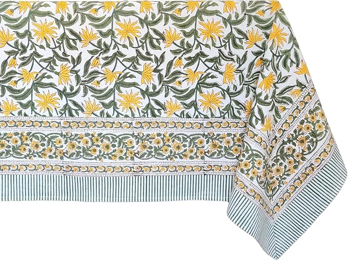 ATOSII Noor 100% Cotton Rectangle Spring Tablecloth, Handblock Floral Print Linen Table Cloth for Kitchen Dining I Parties, Outdoors, Weddings, Easter Holidays I 72 X 120 Inches I 10 Seater