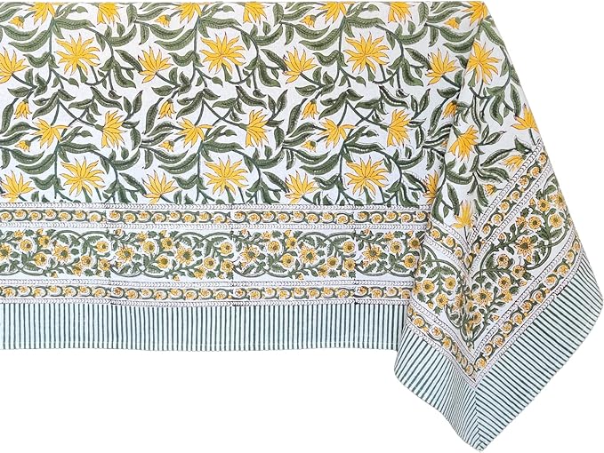 ATOSII 'Noor' 100% Cotton Boho Rectangle Tablecloth, Handblock Floral Print Linen Table Cloth for Dining Table I Tabletop I Parties/Outdoor I Wedding I Spring/Summer (60" X 90")