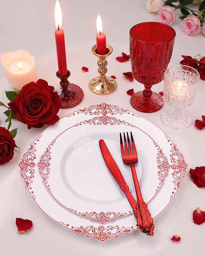 Nervure 350Pcs Red Plastic Plates, Plastic Dinnerware Set - Image 4