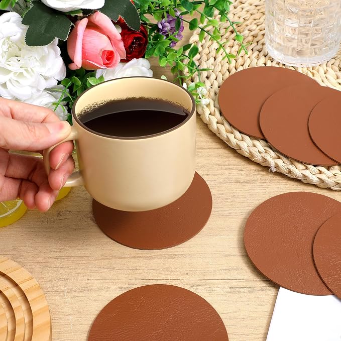 60 Pcs PU Leather Coasters, 4 Inch Round Leather Coasters 10 mm Thickness Brown - Image 4