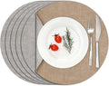 Myir JUN Reversible Vinyl Round Placemats Set of 6, Faux Leather Place Mats Dual Sided Waterproof Oilproof Wipeable, Heat-Resistant Table Mats for Kitchen Dining Indoor Outdoor (14", Light Gray Beige)