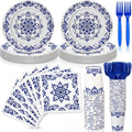 96 Pcs Cielito Lindo Party Supplies De Barro Mexican Talavera Blue Party Plates by Domensi