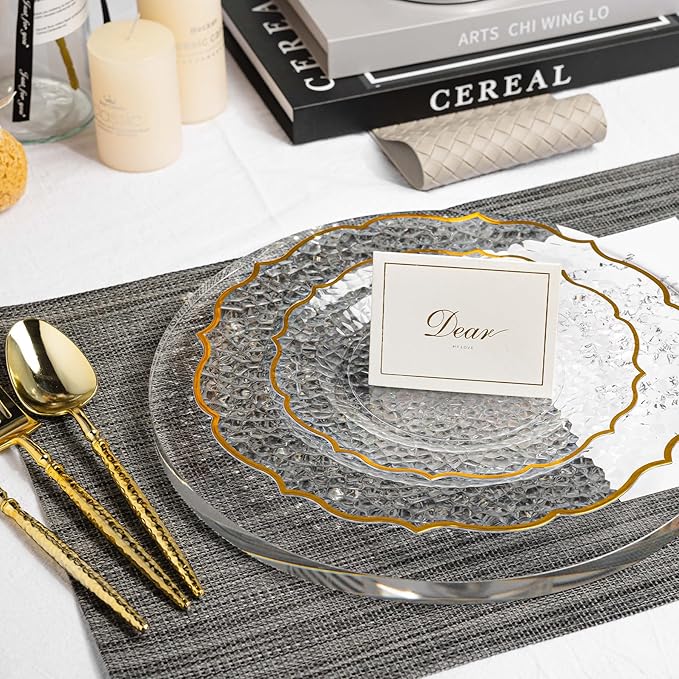 N9R 120 PCS Clear and Gold Plastic Plate, Clear Disposable Plate with Gold Rim, Stone Texture Plates Include 120 Dinner & Dessert Plates for Wedding, Party