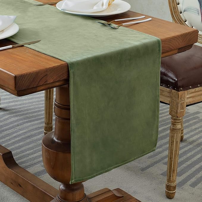BALCONY & FALCON Table Runner Velvet Olive 14"x71" | Elegant, Fall Decor by BALCONYFALCON