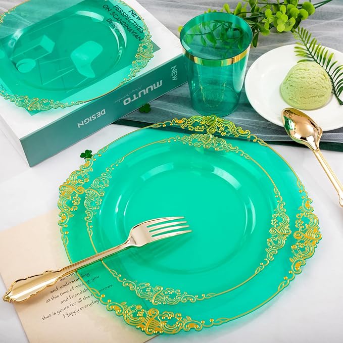 Hioasis 350pcs Green and Gold Plastic Plates - Green Party Plates for 50 Guest, Include 100 Heavy-duty Plates(20% Thicker Than Standard), 150 Cutlery Set, 50 Napkin, 50 Cups for St. Patrick's Day