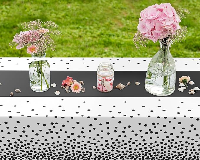 Oudain 6 Pcs White and Black Tablecloth for Parties Plastic Dot Tablecloths Printed Table Runner Waterproof Disposable Rectangle Table Cover for Christmas Birthday Wedding Party, 54" x 108"
