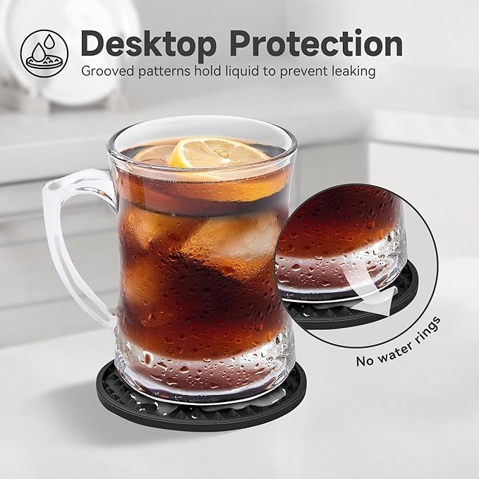 Coasters for Drinks, Silicone Coasters Set of 6 with ABS Holder, Outdoor Coaster for Coffee Table, Non-Slip Rubber Table Cup Mat Desk, Heat Resistant & Scratch-Proof (Black)