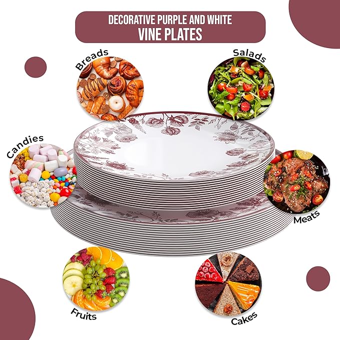 Trendables Disposable Plates For Party Supplies | Burgundy Floral Plastic Plates For Wedding 40 Pcs - 20 X 8 & 20 X 10 Dinner Plate Sets | Floral Plate Set Disposable Plastic Dinnerware Sets