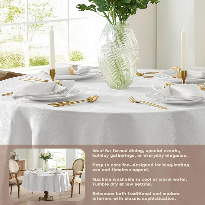 Newbridge Barcelona Luxury Damask Fabric Tablecloth, 108” Round, 100% Polyester - Image 3