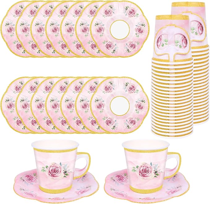 50 Pcs Paper Tea Cups and Plates Pink Floral Disposable Paper Teacups and by peonyman
