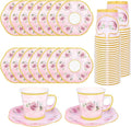 50 Pcs Paper Tea Cups and Plates Pink Floral Disposable Paper Teacups and by peonyman
