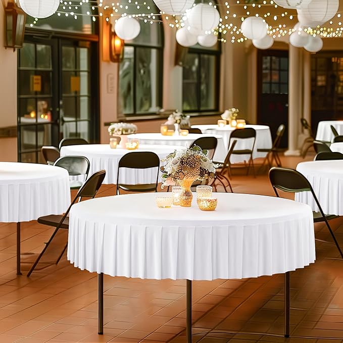 1 Pack White Spandex Round Tablecloths for 72in Tables, Stretchy Fitted 6FT Round Table Cloths, Wrinkle Free Table Cloth with Skirt for Wedding Birthday Party Bridal Shower Banquet Baby Shower