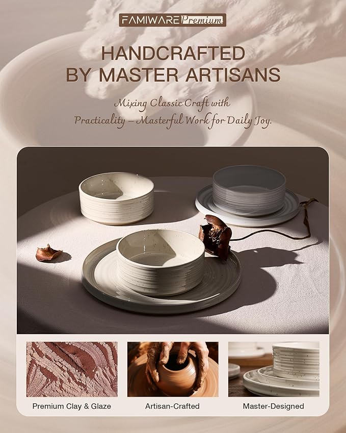 Stoneware Dinnerware Sets, Plate and Bowl Sets for 4, 12 Pieces Spiral Straight Dishware with Speckles and Reactive Glaze, Microwave Dishwasher Safe Family Tableware, Shell Beige